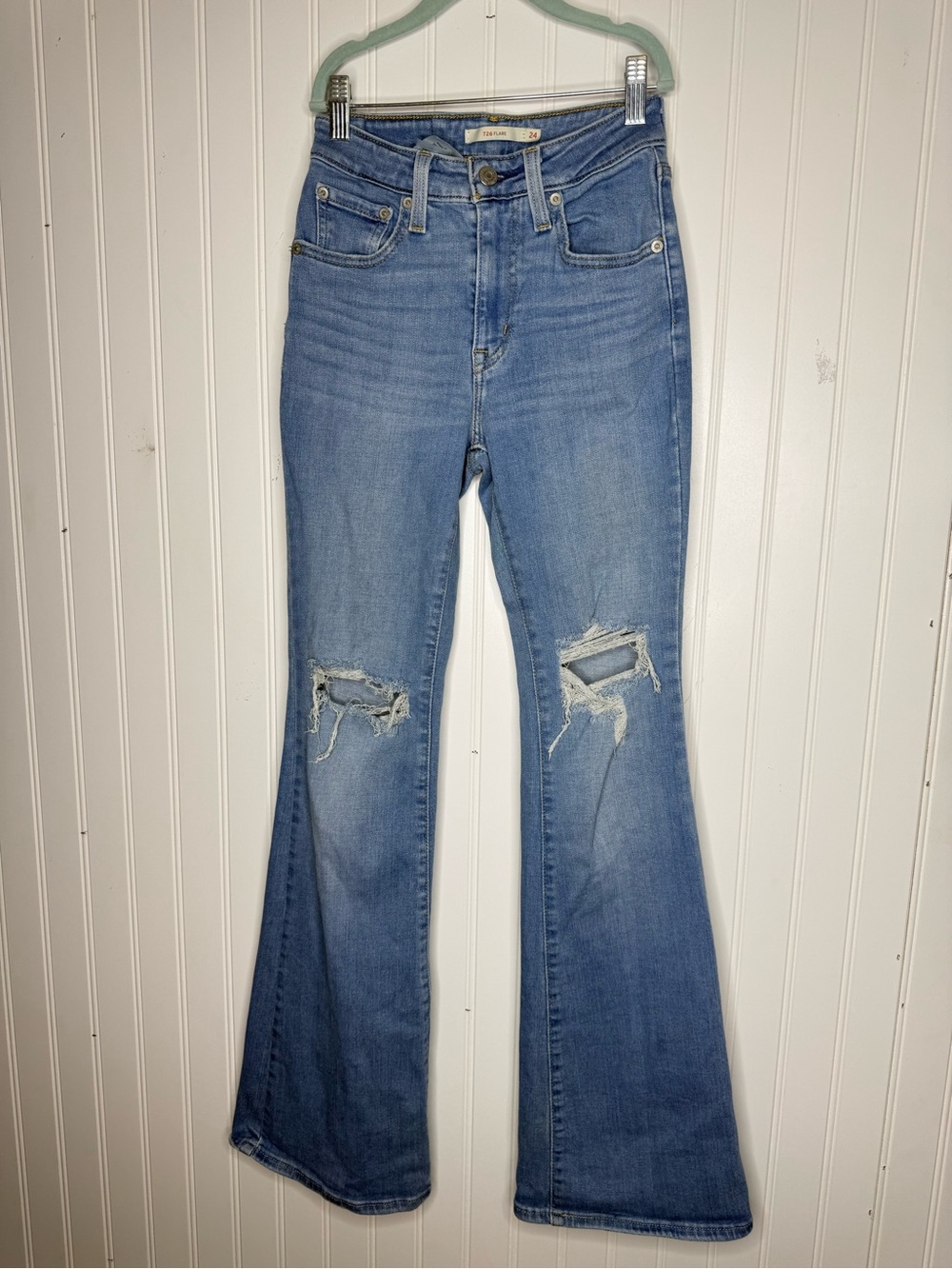 Levis 726 High Rise Flare Jeans with Distressed Knees Size 24